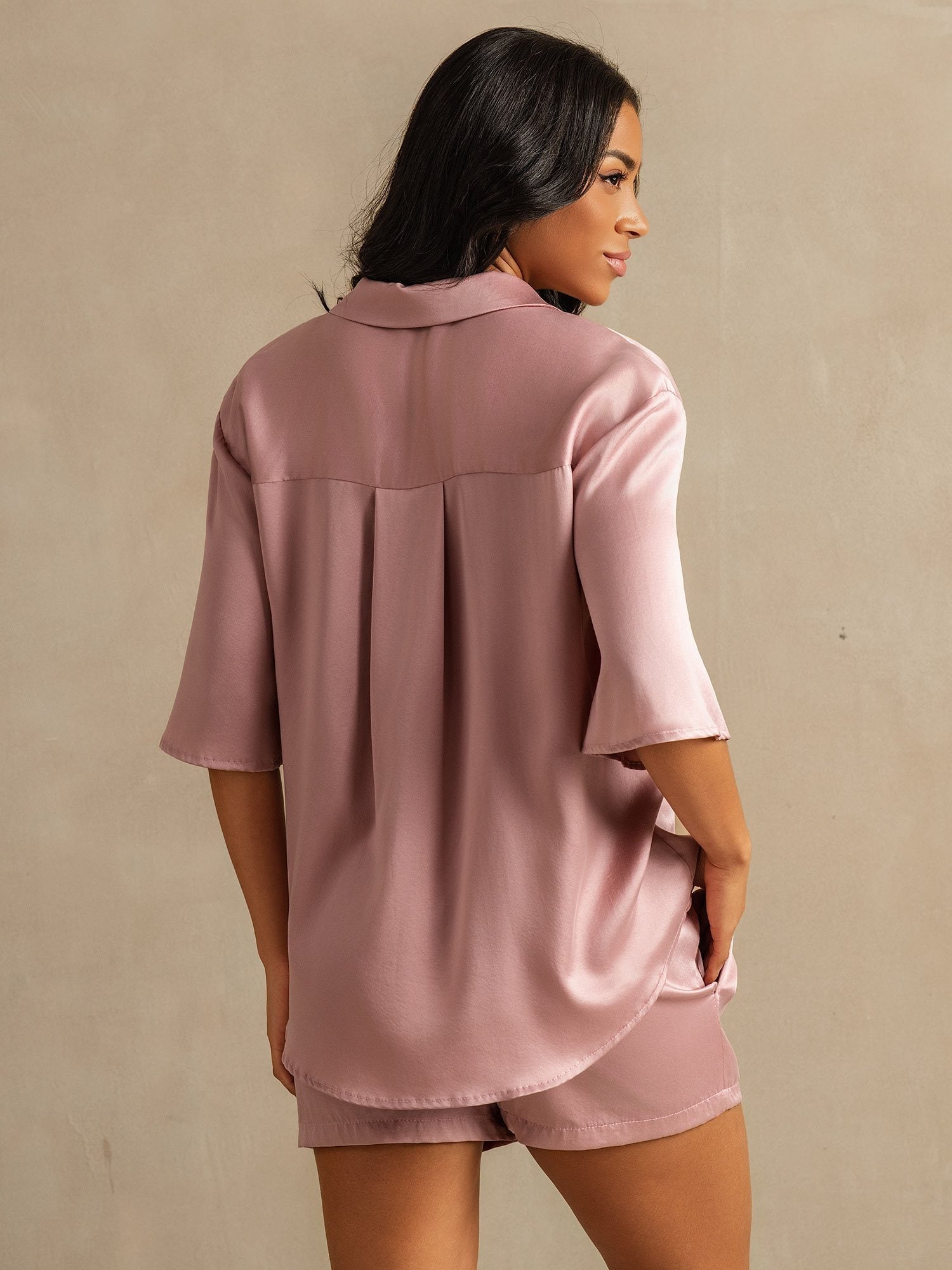 [Persikohud] SilkSilky-SE 19Momme Rent Silke Krage Dam Pyjama 006,