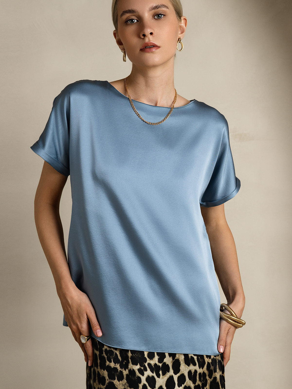 [Gråblå] SilkSilky-SE 19Momme Silke Womens T-Shirt 005