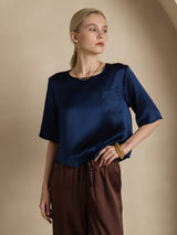 [Mörkblå] SilkSilky-SE Hårärm Djup Rund Halsringning Dam T-Shirt 004