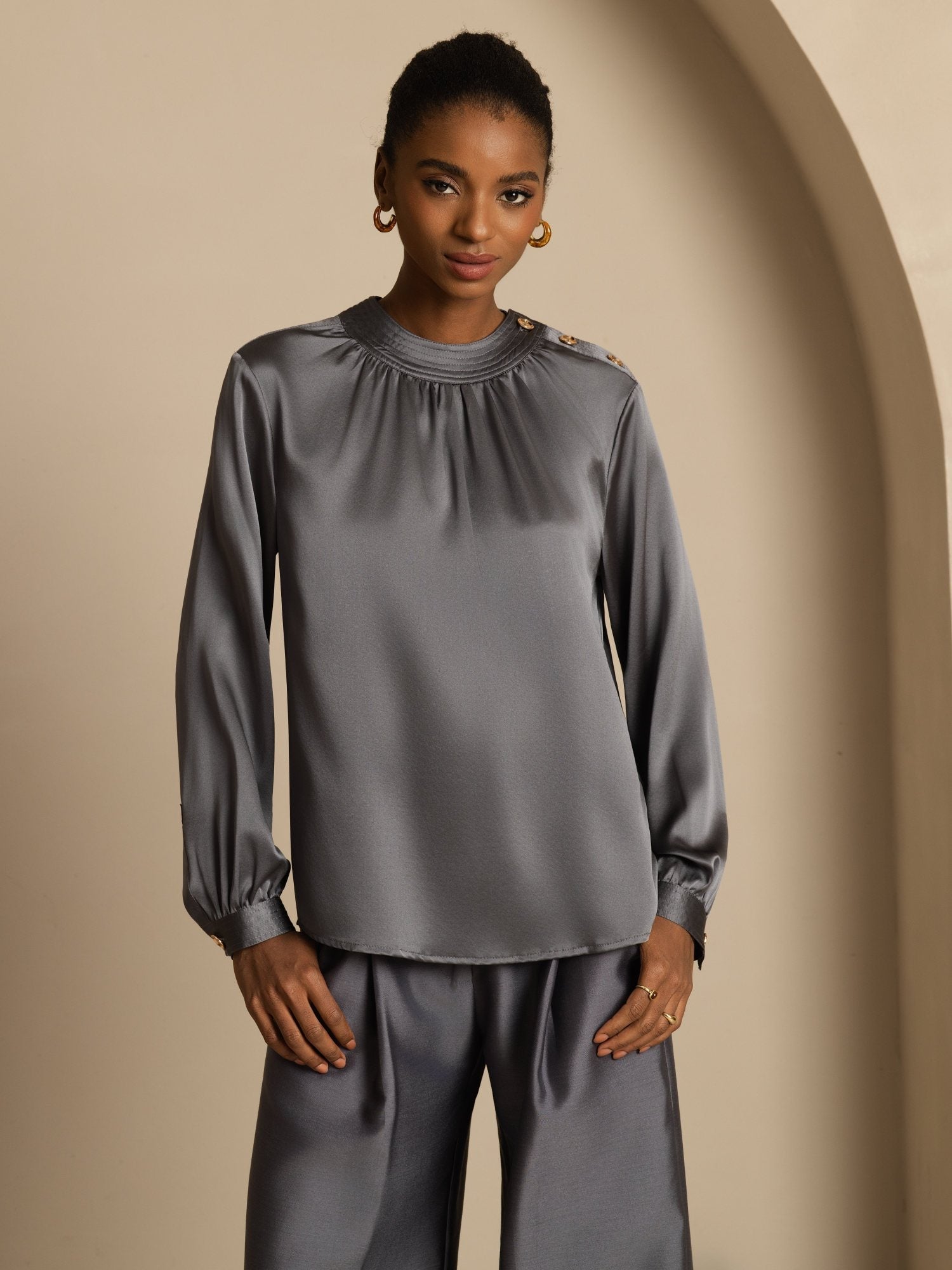 [Mörkgrå] SilkSilky-SE 19Momme Silke Lång Ärm Rund Halsringning Blus 001