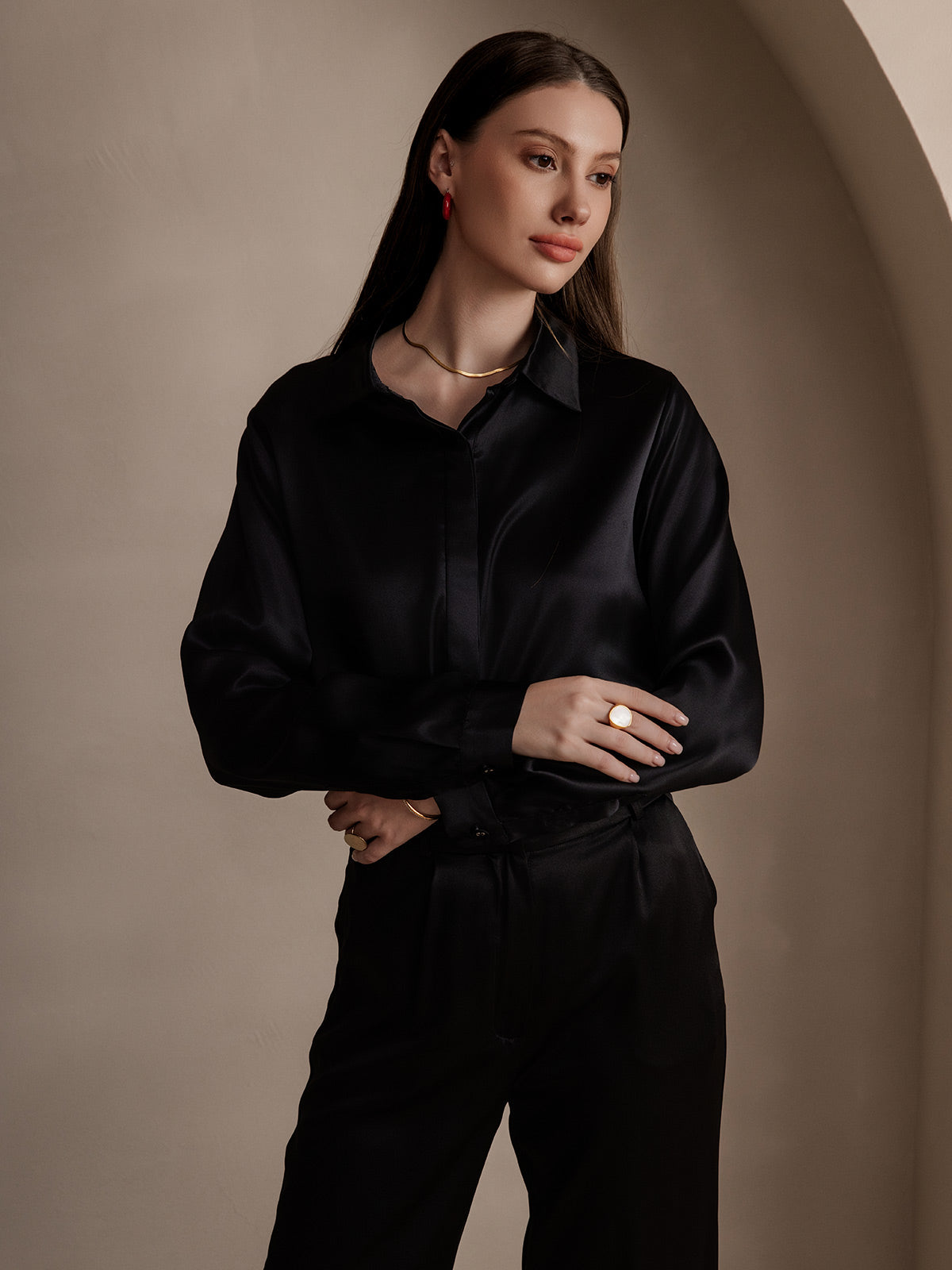 [Svart] SilkSilky-SE 19Momme Silke Lapel Collar Damskjorta 003