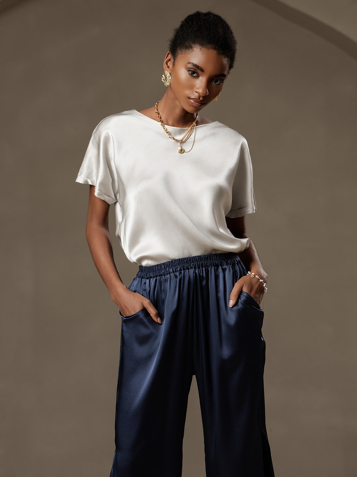 [Ljusgrå] SilkSilky-SE 19Momme Silke Womens T-Shirt 003,