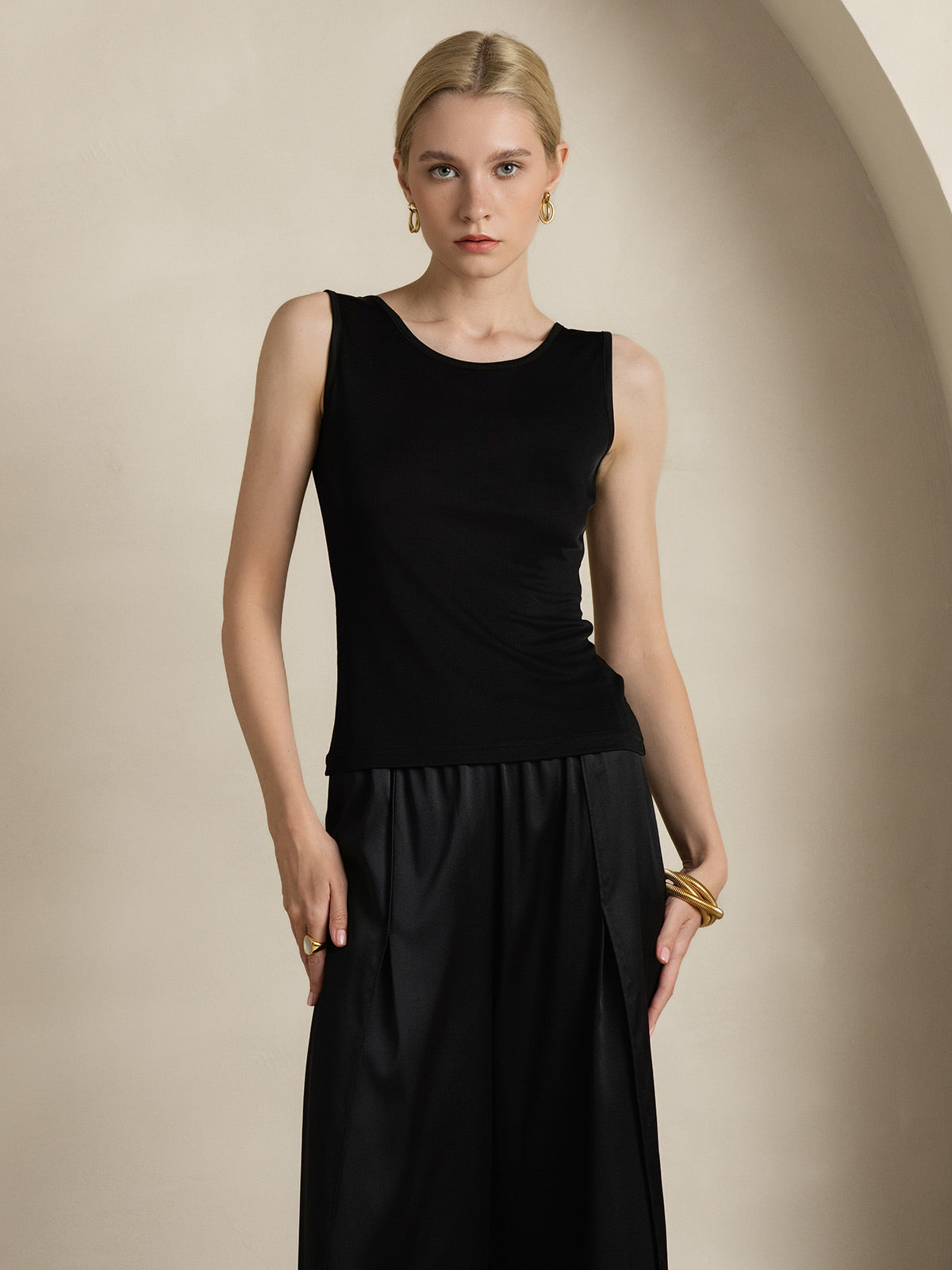 [Svart] SilkSilky-SE Silke Stickad Womens T-Shirt 001
