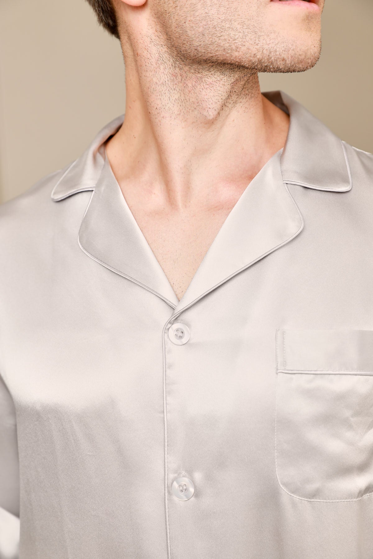 [Grå] SilkSilky-SE Lång Ärm Notchkrage Herr Pyjama 006