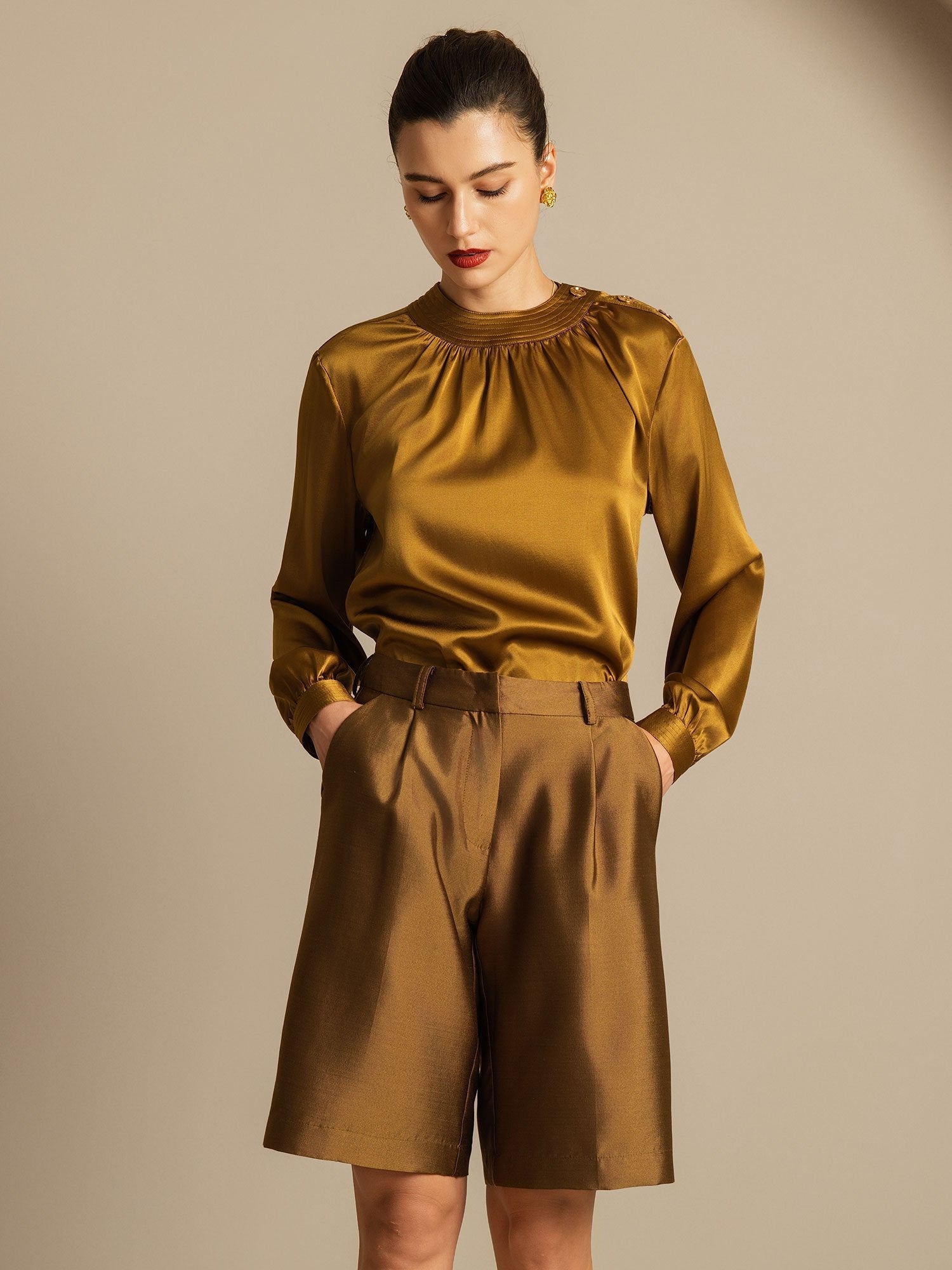 [Brons] SilkSilky-SE 32Momme Silk-Wool Blend Womens Shorts 005,