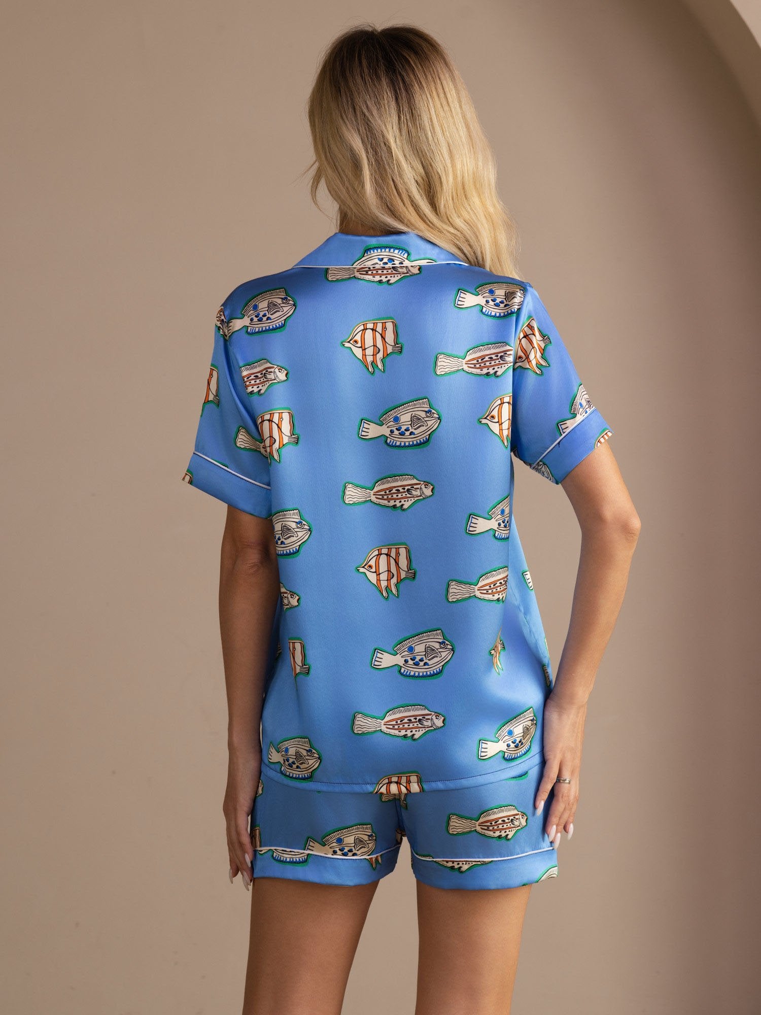 [Blå Fisk] SilkSilky-SE Short Sleeve Lapel Collar Dam Pyjama 002