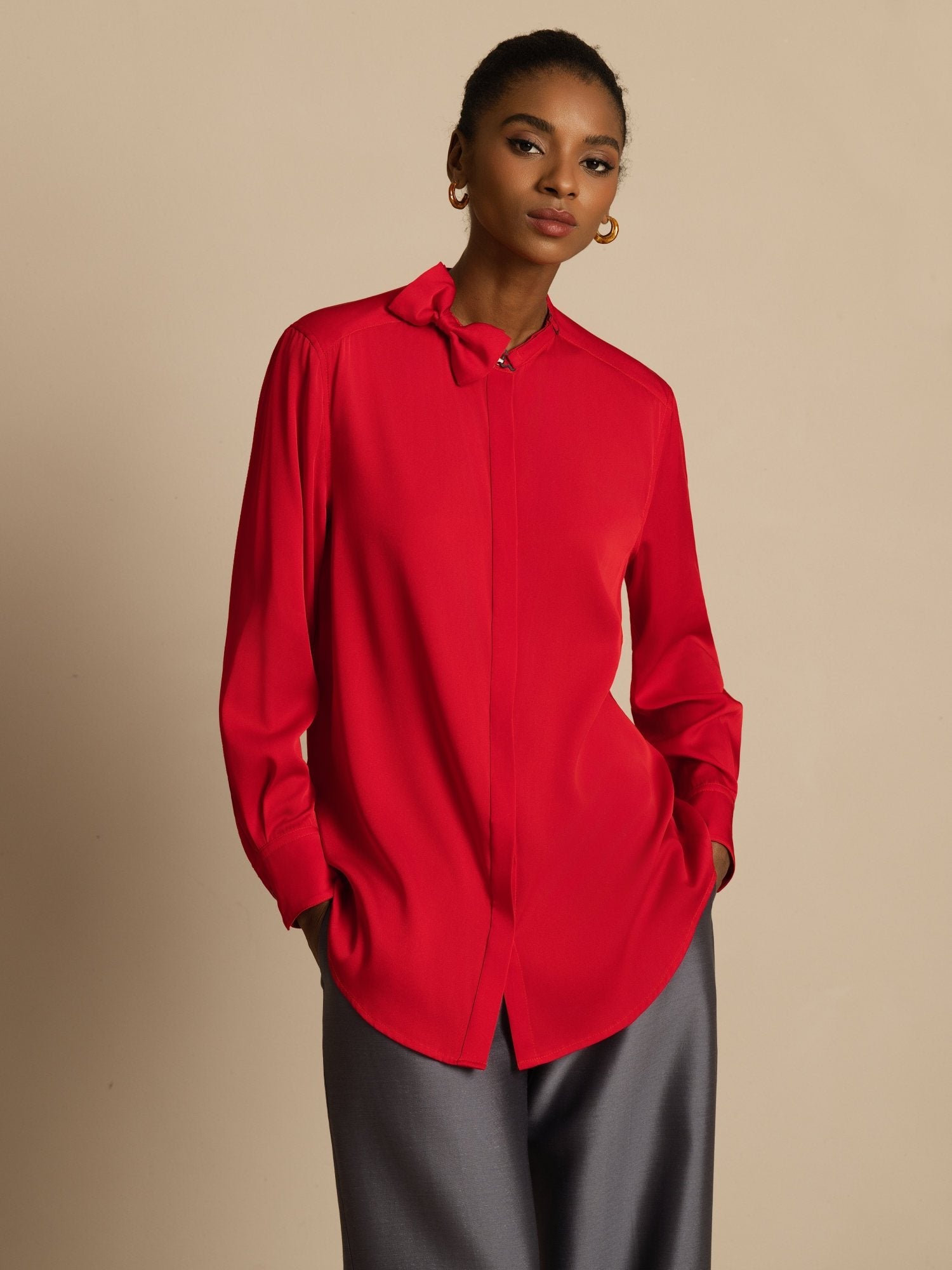 [Vin] SilkSilky-SE 19Momme Silke Lång Ärm Ståkrage Blus 001