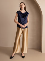 [Mörkblå] SilkSilky-SE Kappärm Cowl Neck Dam T-Shirt 005