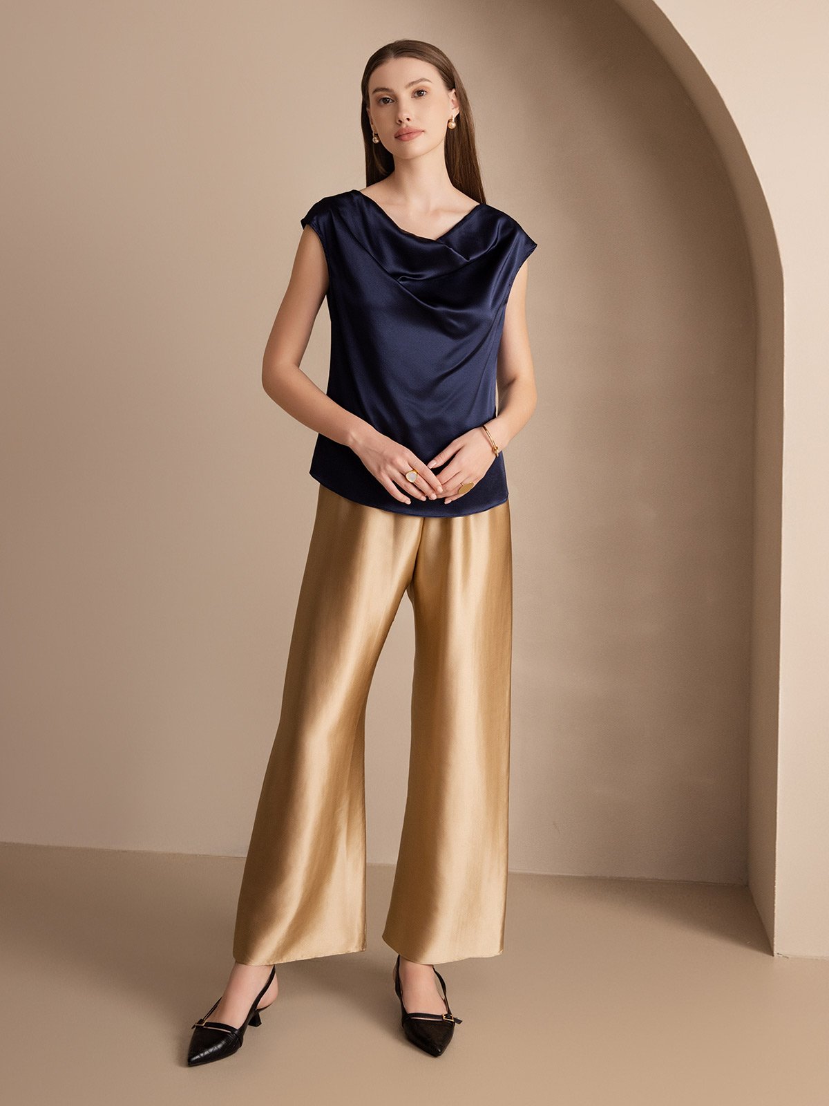 [Mörkblå] SilkSilky-SE 19Momme Silke Ärmlös Womens T-Shirt 005