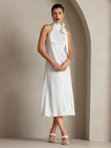 [Vit] SilkSilky-SE 19Momme Stretch Silk Charmeuse Sleeveless Halter Klänning 005