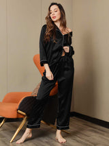 [Svart] SilkSilky-SE Long Sleeve Lapel Collar Dam Pyjama 006