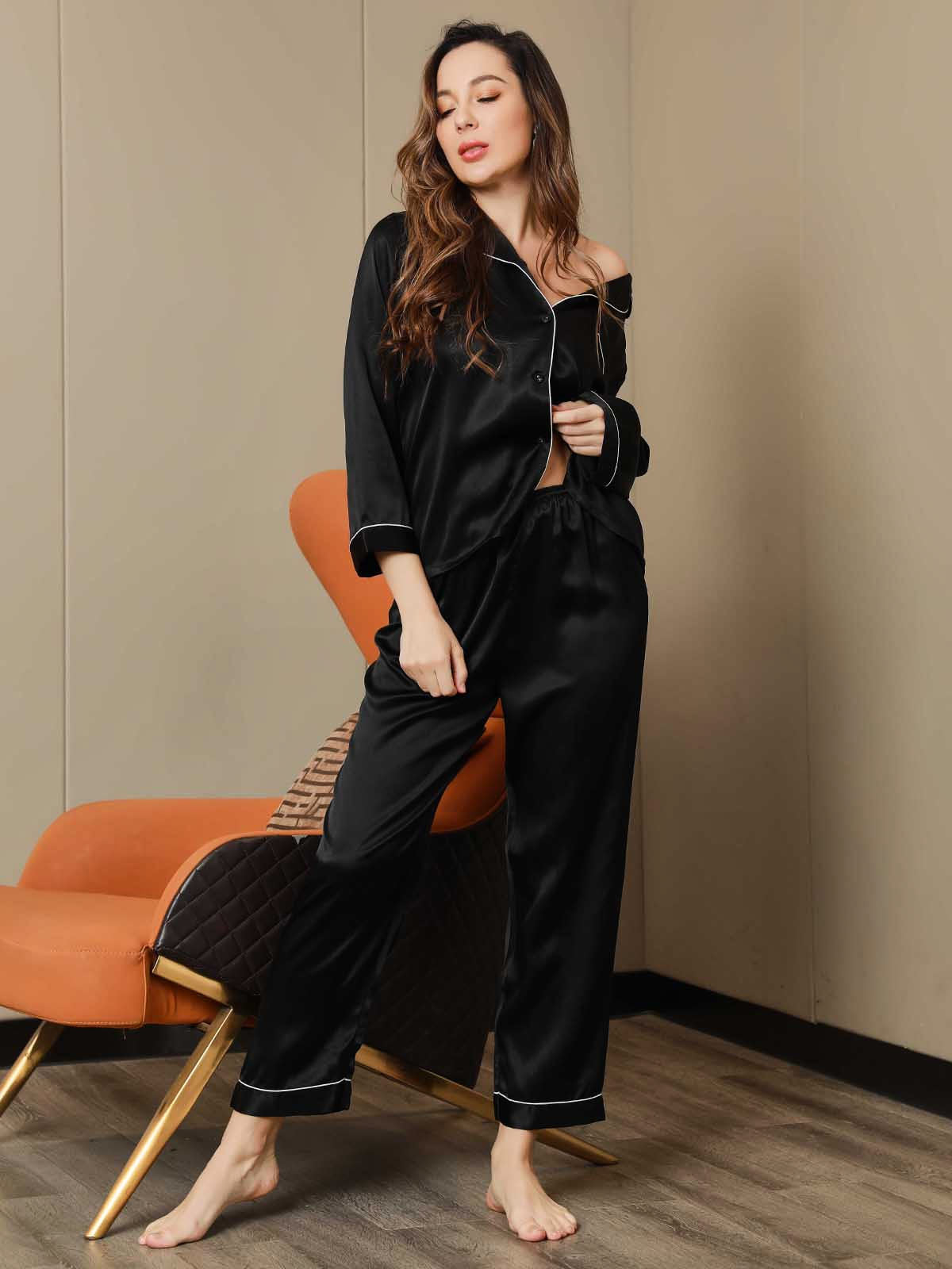 [Svart] SilkSilky-SE Rent Silke Womens Pajamas 006