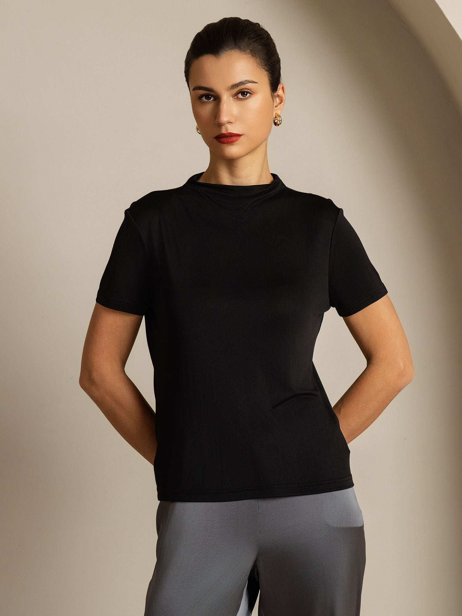 [Svart] SilkSilky-SE Rent Silke Krage Dam T-Shirt 005