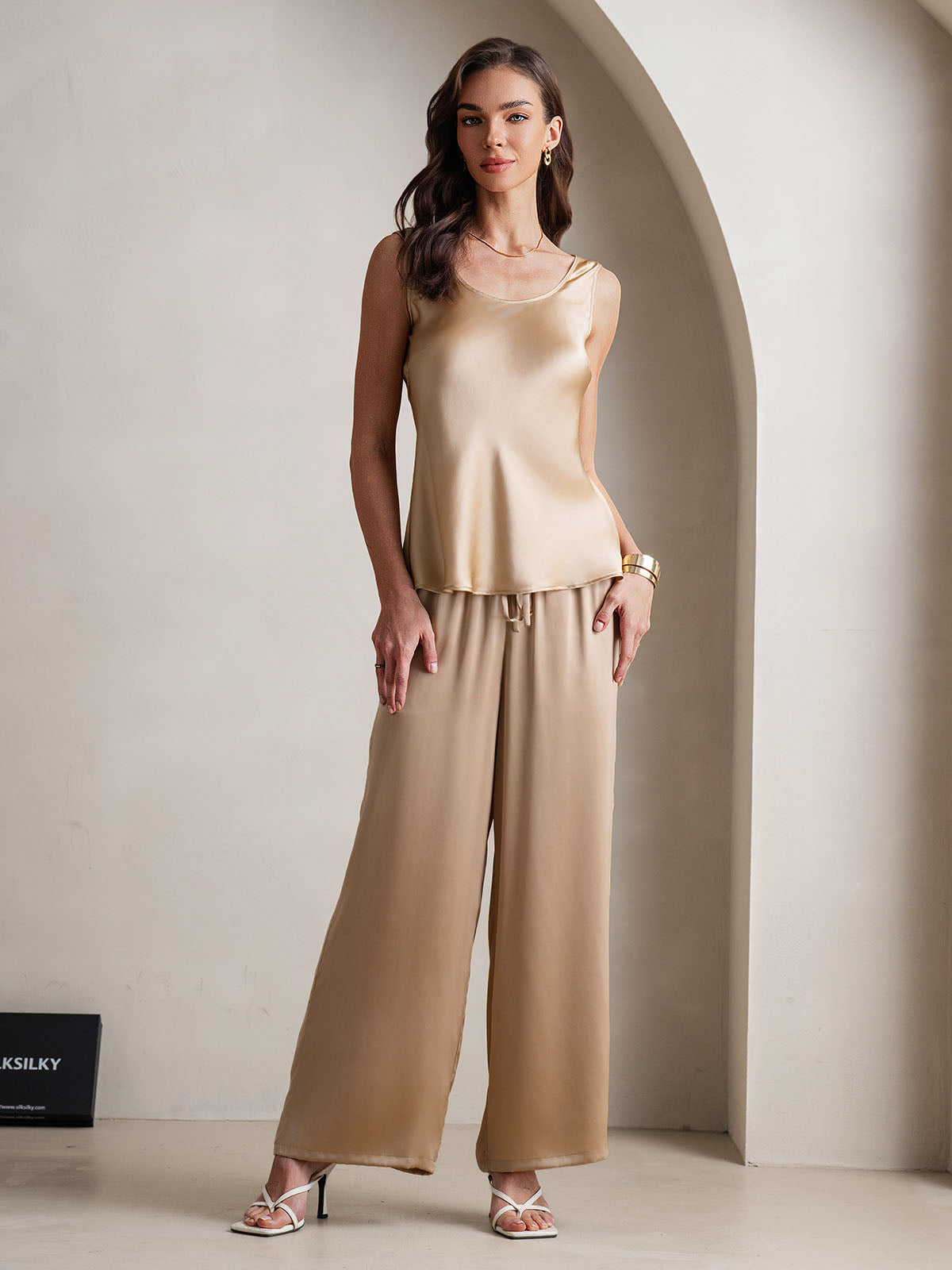 [Champagne] SilkSilky-SE Rent Silke Båthals Camisole Set 004