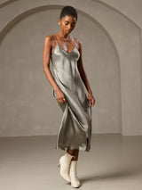 [Grågrön] SilkSilky-SE Spaghetti Strap V Neck Nattlinne 005