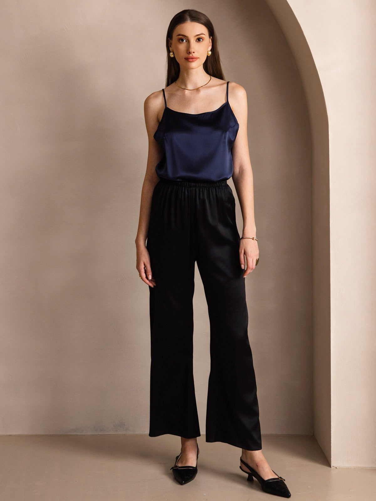 [Mörkblå] SilkSilky-SE 19Momme Spaghetti Rem Djup Rund Halsringning Cami Toppar 005