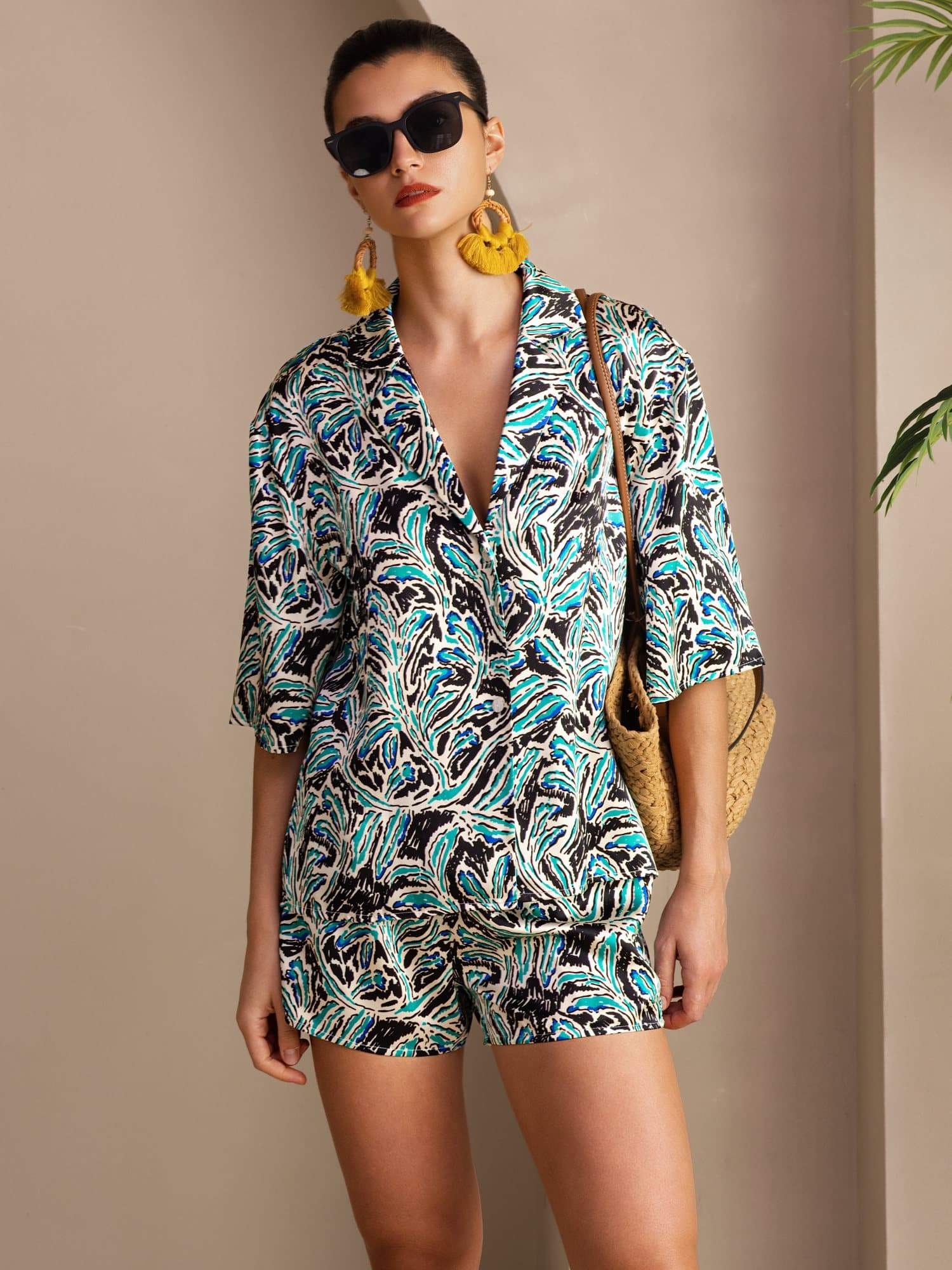 [Blågrön Botanisk] SilkSilky-SE Short Sleeve Notch Collar Dam Pyjama 001