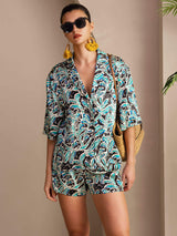 [Blågrön Botanisk] SilkSilky-SE Short Sleeve Notch Collar Dam Pyjama 001