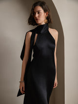 [Svart] SilkSilky-SE 19Momme Stretch Silk Charmeuse Sleeveless Halter Klänning 003