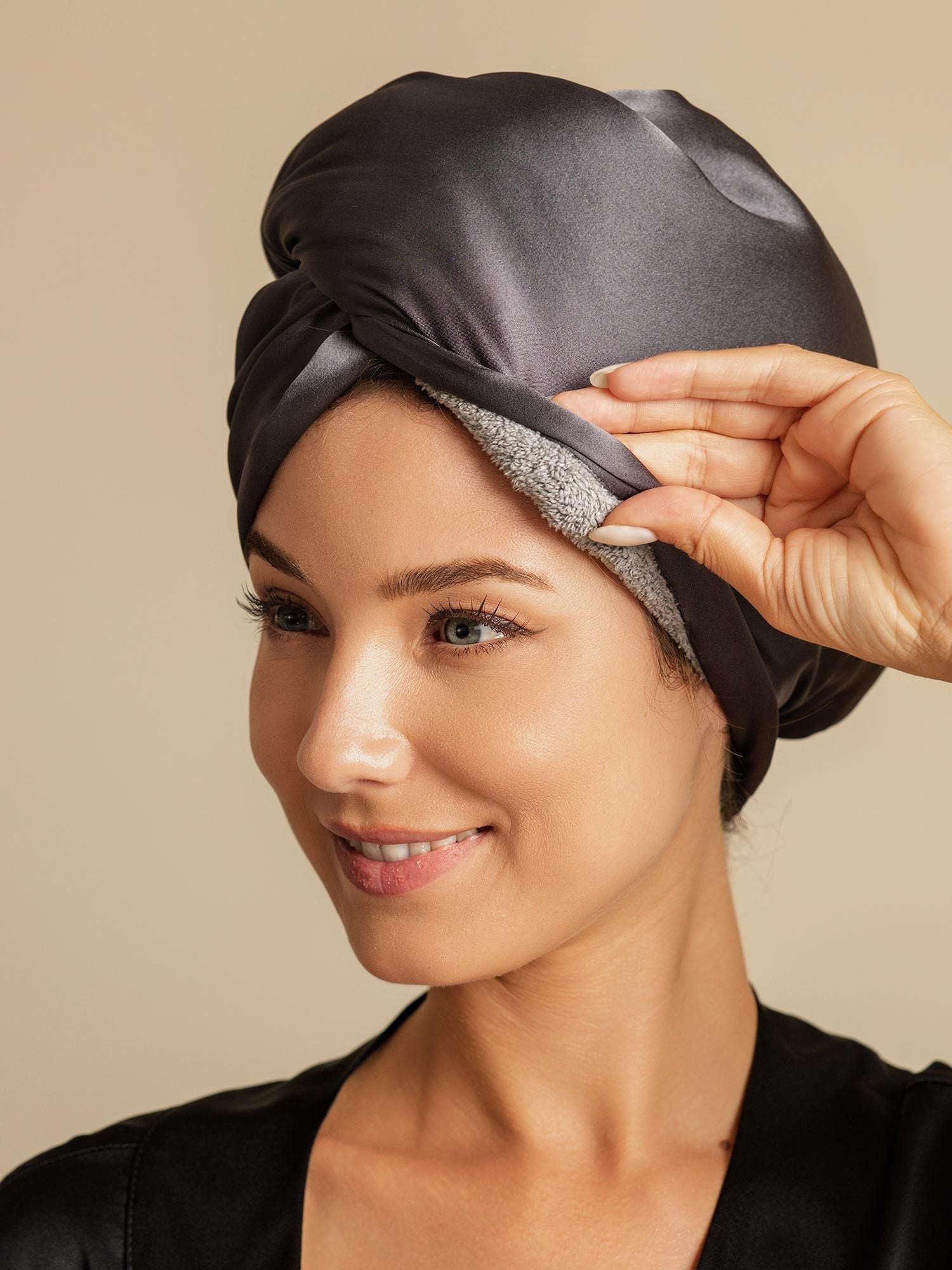 [Mörkgrå] SilkSilky-SE Rent Silke Hair Towel Wrap 001,