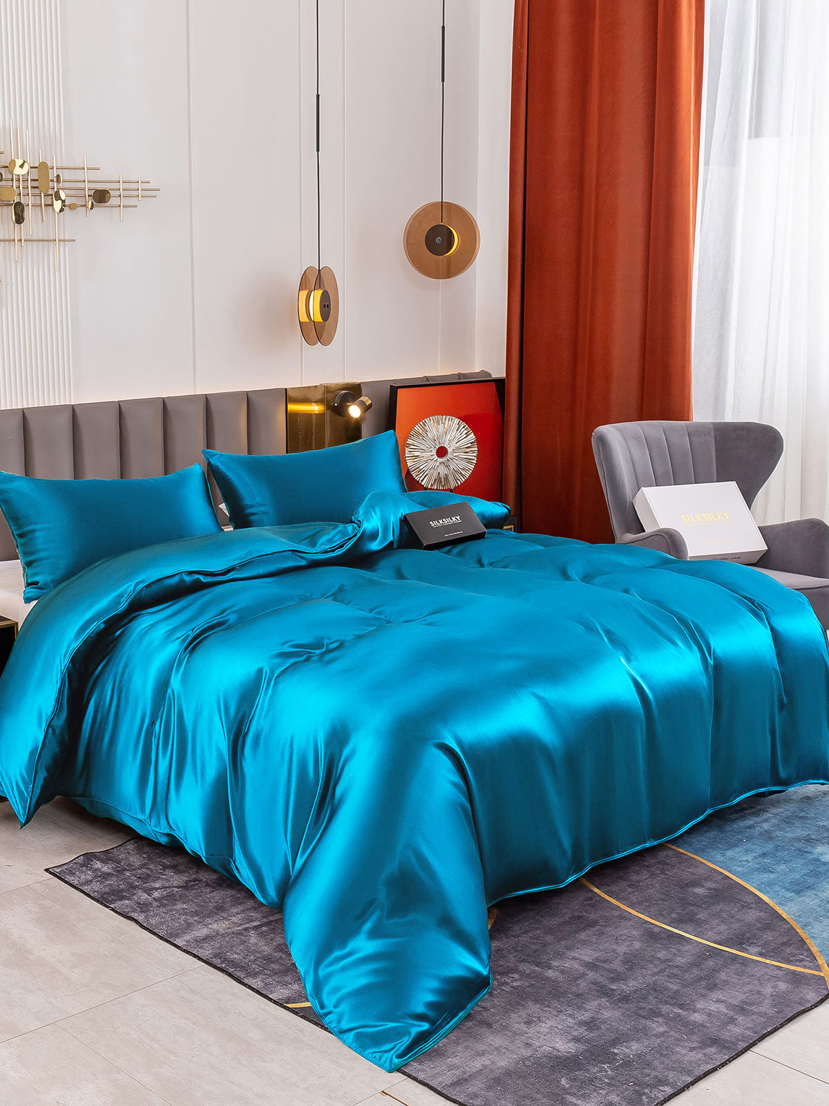 SilkSilky SE 19Momme Rent Silke Bedding Set Kungsblått 001