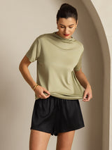 [Torkad Ört] SilkSilky-SE 100% Silk Jersey Short Sleeve Mock Neck Dam T-Shirt 007
