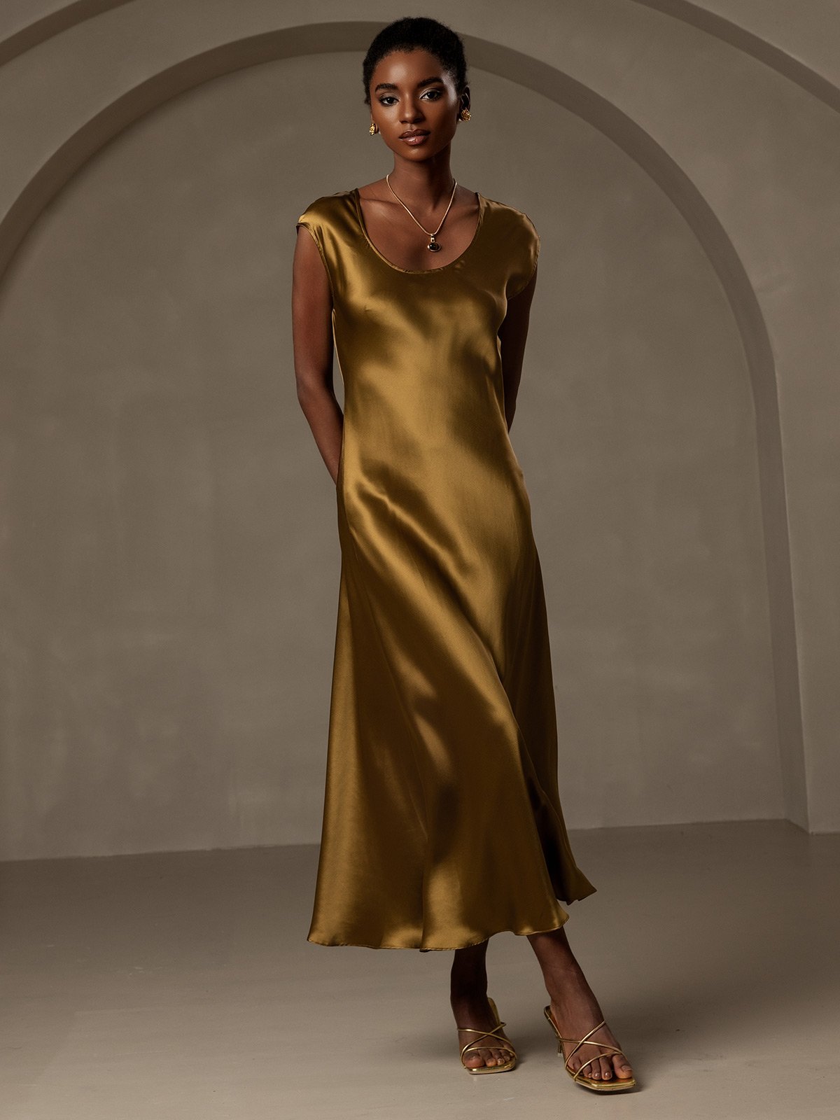 [Brun] SilkSilky-SE 19Momme Silke Ärmlös Dress 007