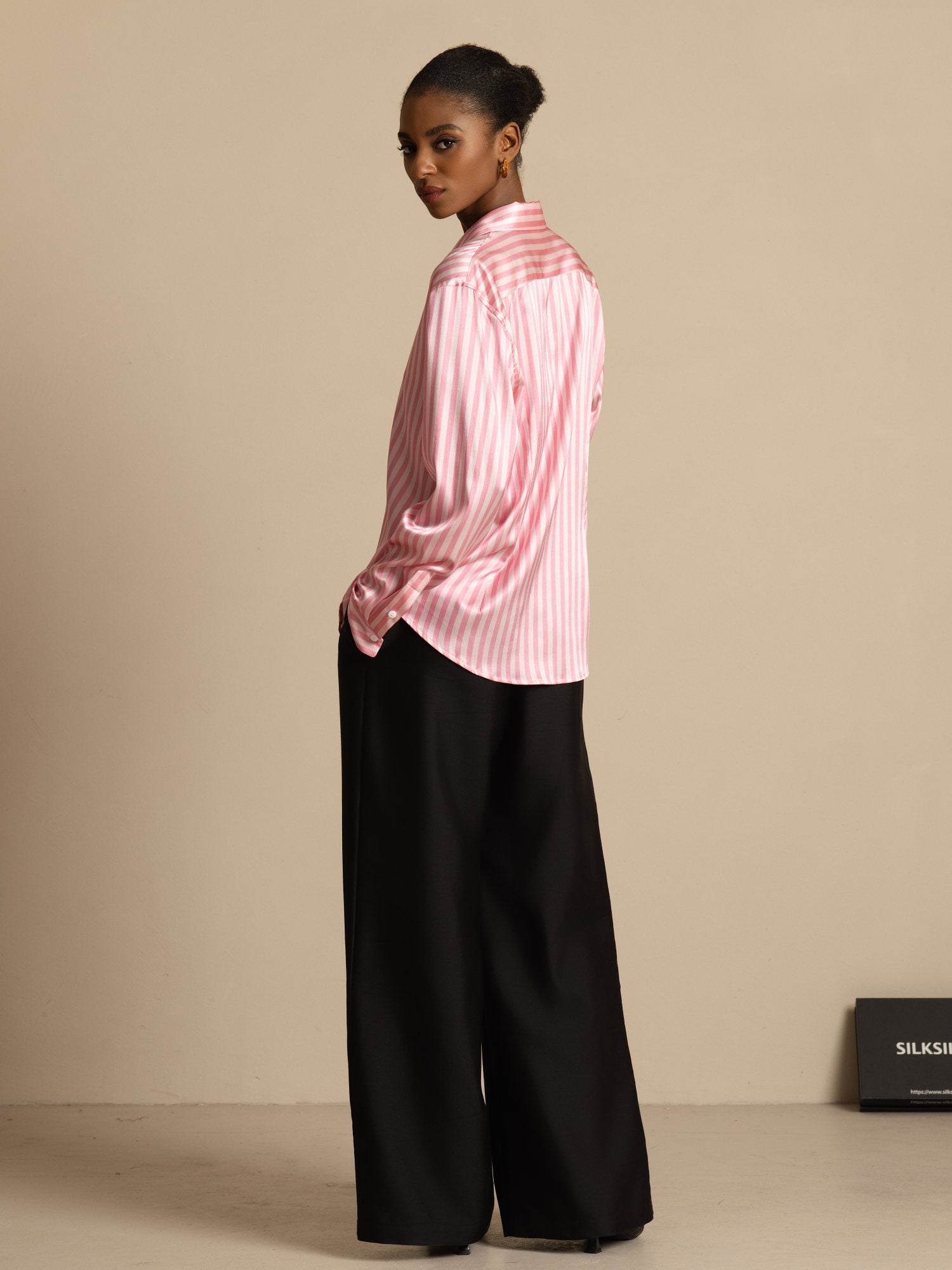 [Rosa Rand] SilkSilky-SE Silke Lång Ärm Krage Damskjorta 006