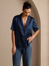 [Mörkblå] SilkSilky-SE Short Sleeve Lapel Collar Damskjorta 005