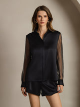 [Svart] SilkSilky-SE 19Momme Silke Krage Damskjorta 001,