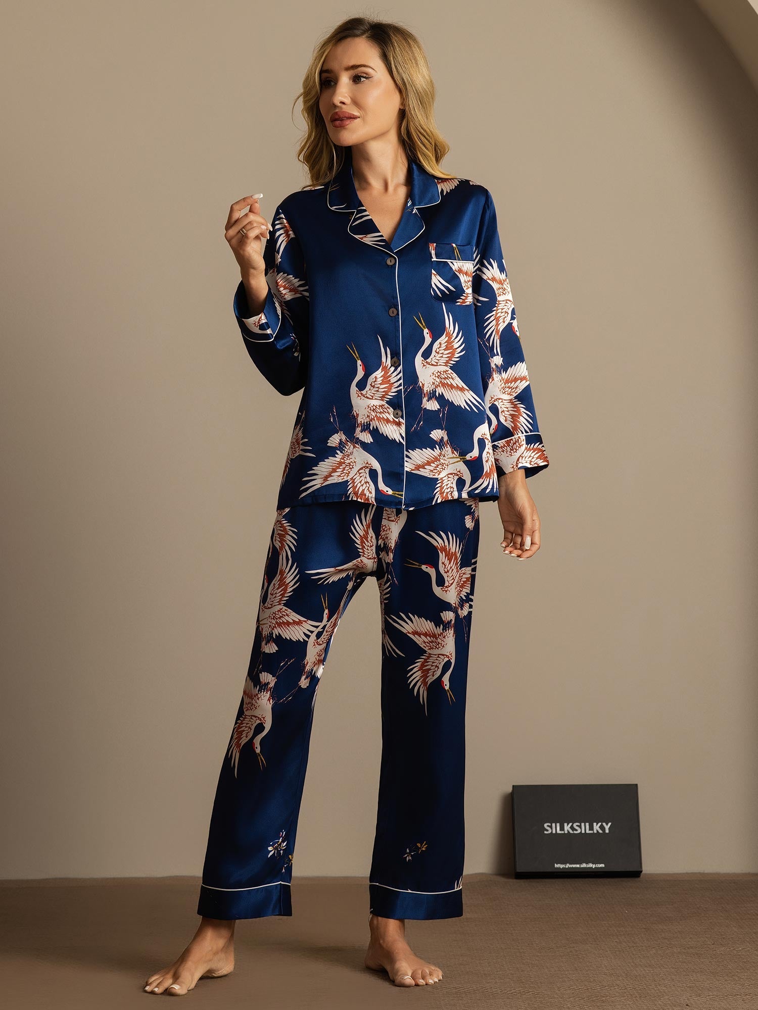 [Mörkblå] SilkSilky-SE 19Momme Rent Silke Womens Pajamas 003,