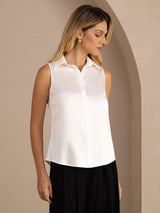 [Vit] SilkSilky-SE Sleeveless Lapel Collar Damskjorta 001
