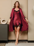 SilkSilky SE Rent Silke 3/4 Ärm Nightgown&Robe Set Mörkröd 001