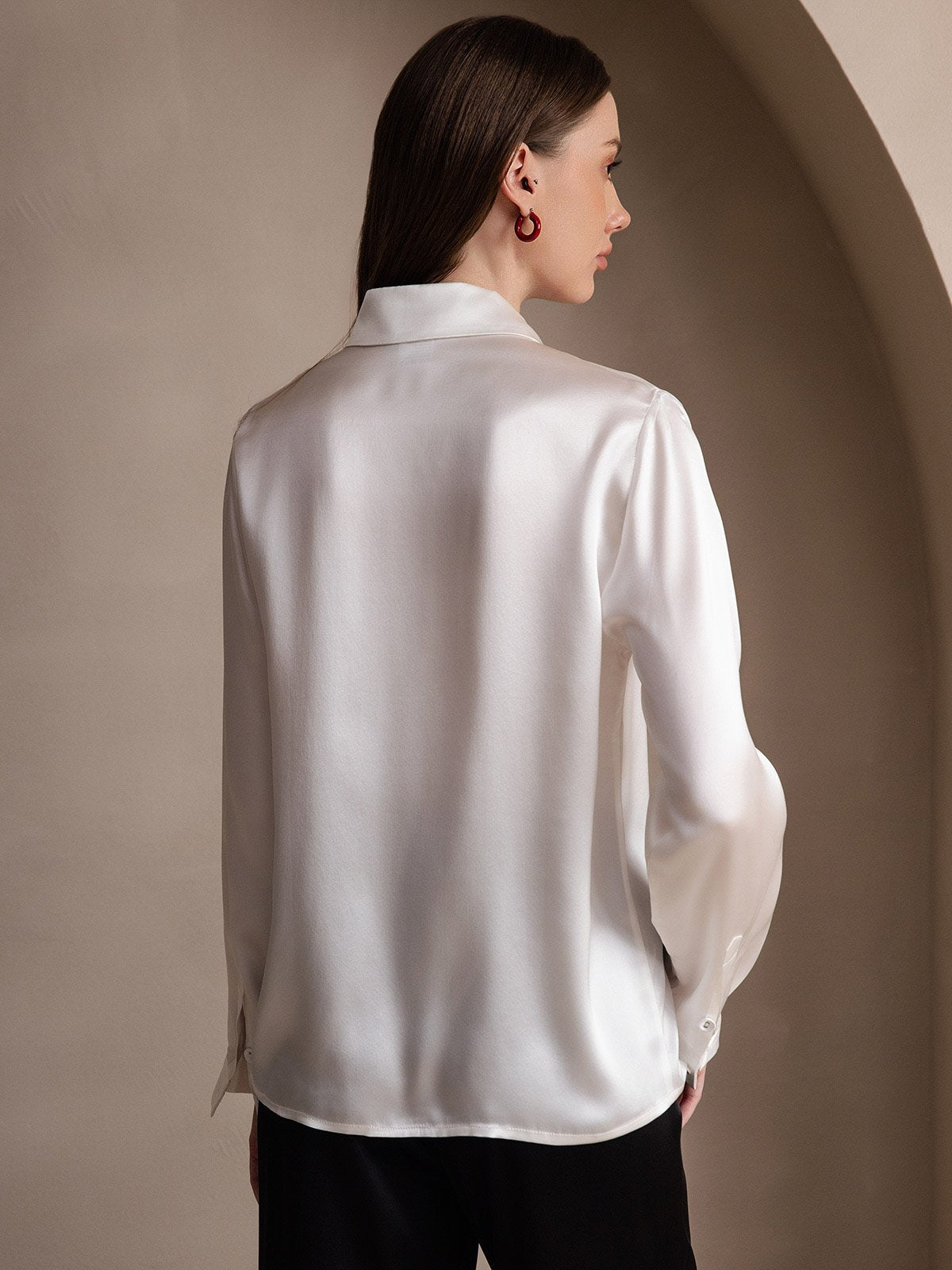[Vit] SilkSilky-SE 19Momme Silke Lapel Collar Damskjorta 002