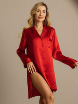 [Röd] SilkSilky-SE Long Sleeve Lapel Collar Dam Sömnskjorta 003