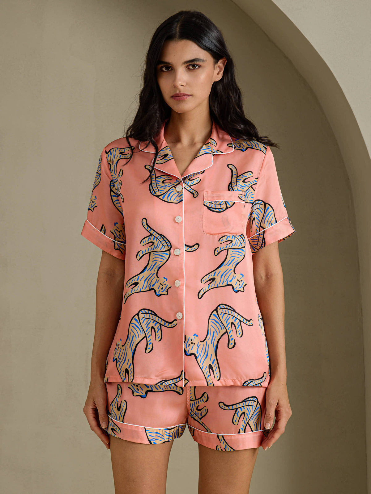 [Rosa Katt] SilkSilky-SE Short Sleeve Lapel Collar Dam Pyjama 001