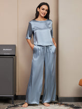 [Gråblå] SilkSilky-SE Half Sleeve Round Neck Dam Pyjama 006