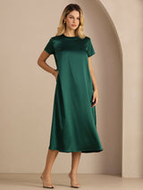 [Mörkgrön] SilkSilky-SE Short Sleeve Round Neck Klänning 003