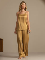 [Tan] SilkSilky-SE 19Momme Spaghetti Rem Djup Rund Halsringning Camisole Set 007