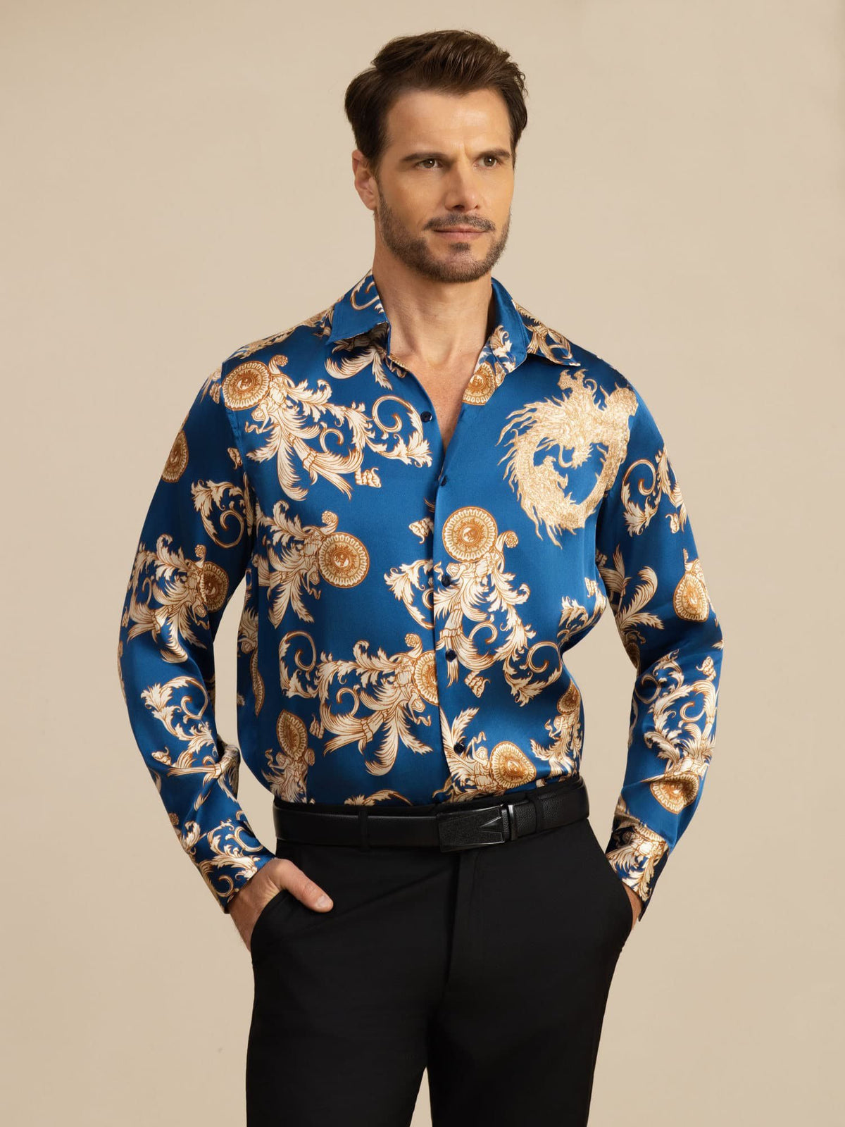 [Navy Drake] SilkSilky-SE Long Sleeve Lapel Collar Herrskjorta 001