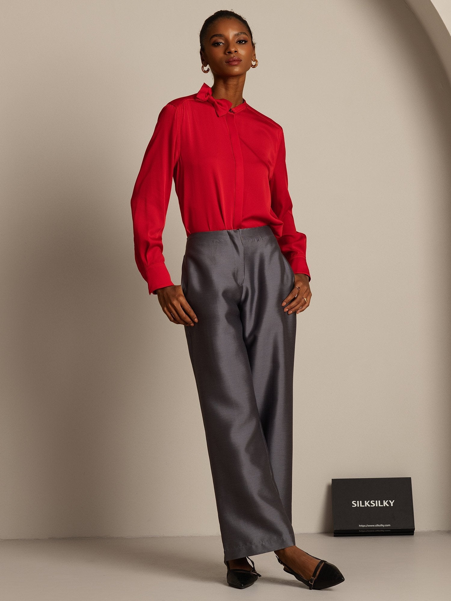 [Grå] SilkSilky-SE 32Momme Silk-Wool Blend Womens Pants 007,