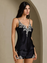 [Svart] SilkSilky-SE Spaghetti Strap V Neck Camisole Set 001