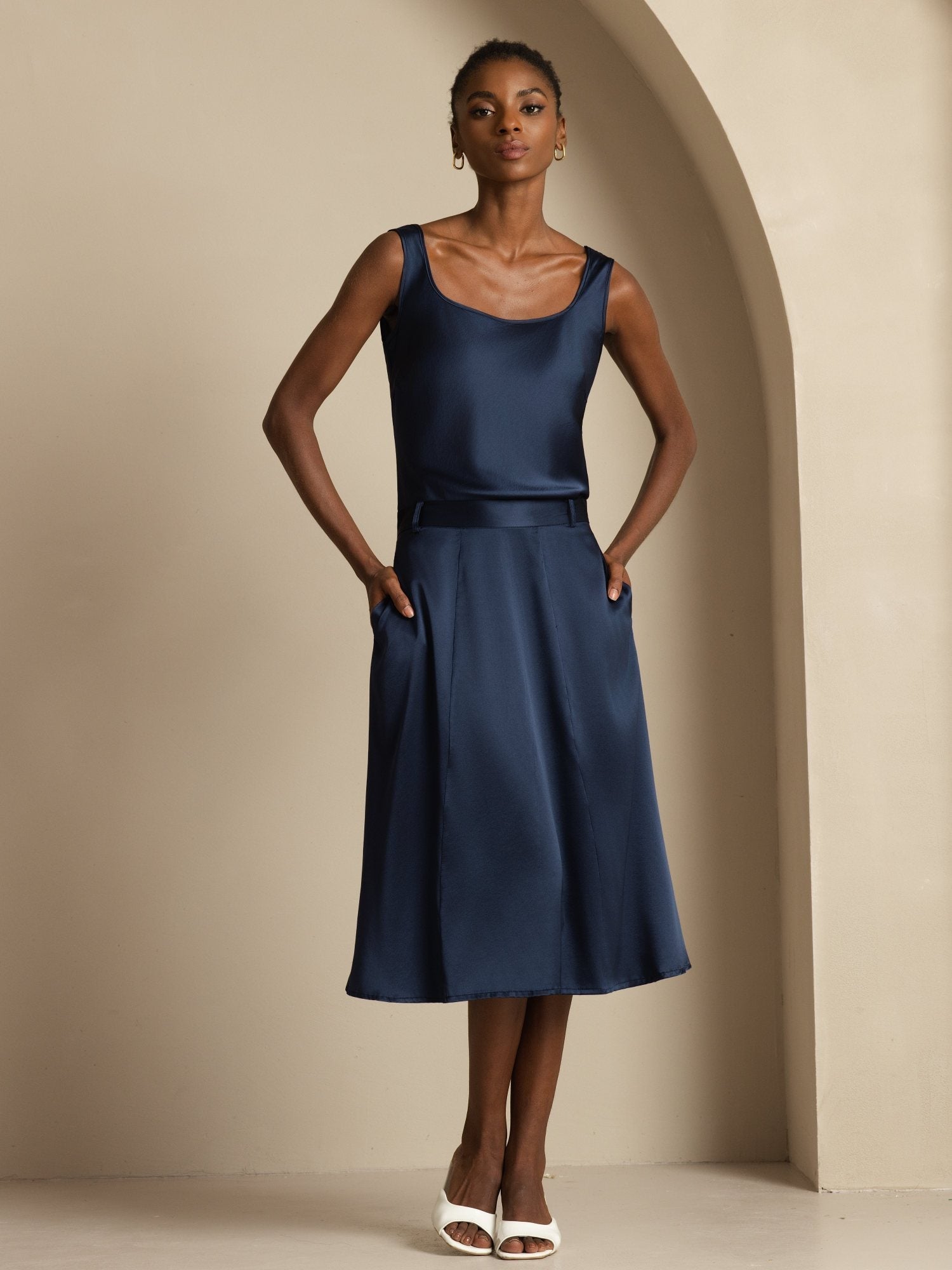 [Mörkblå] SilkSilky-SE 19Momme Silke Skirt 001