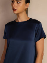 [Mörkblå] SilkSilky-SE Short Sleeve Round Neck Klänning 004