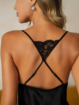 [Svart] SilkSilky-SE Spaghetti Strap Deep V Neck Nattlinne 005