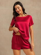 [Vin] SilkSilky-SE 19Momme Kort Ärm Rund Halsringning Dam Pyjama 008