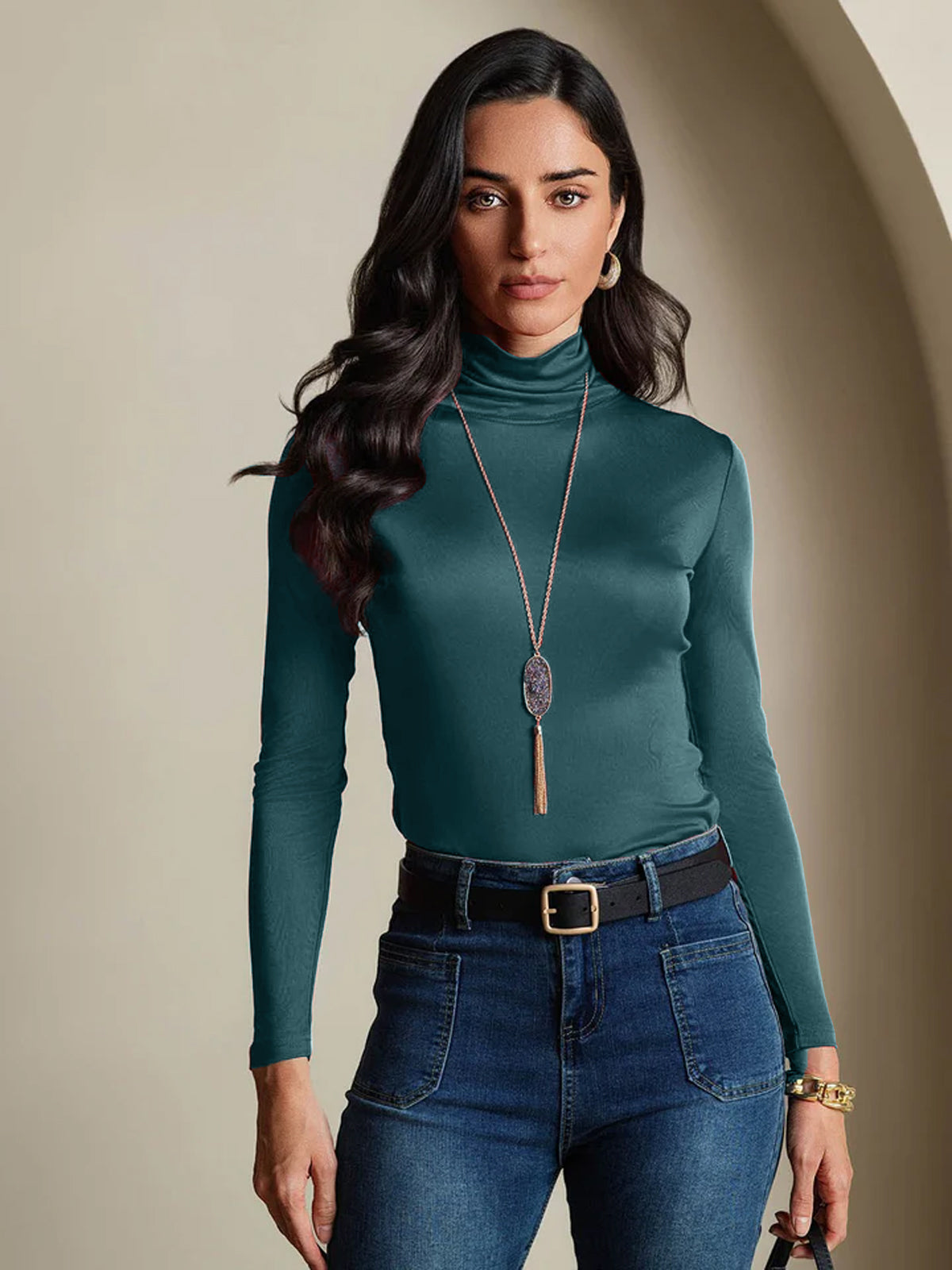 [Mörkgrön] SilkSilky-SE Lång Ärm Polotröja Dam T-Shirt 001