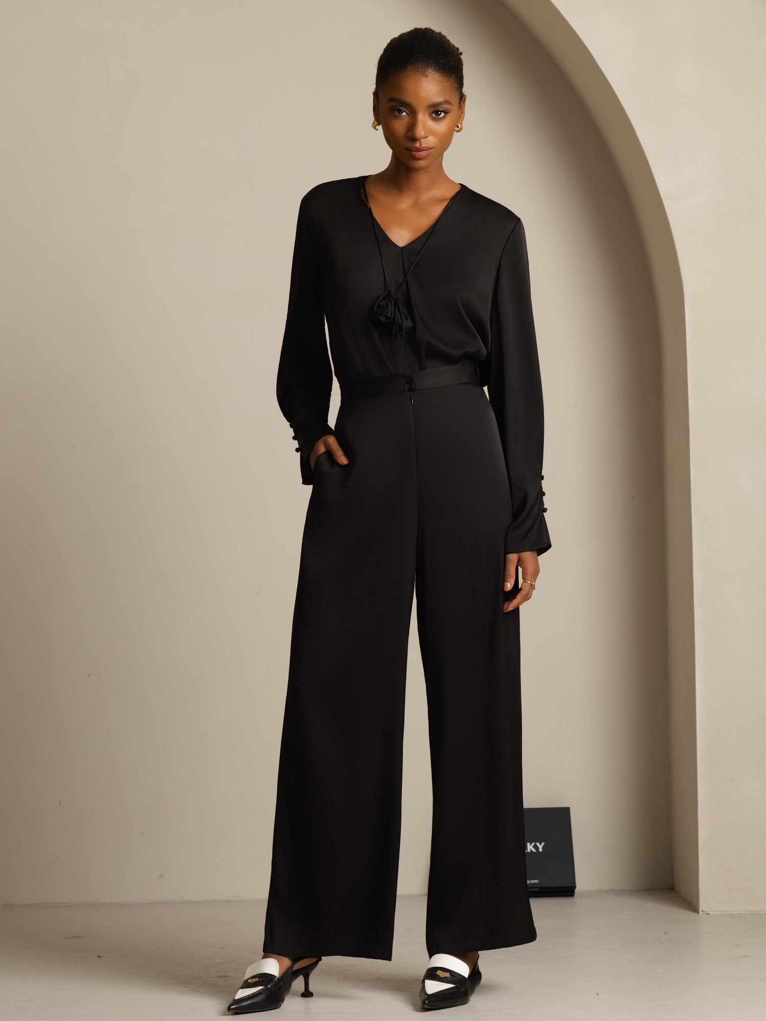 [Svart] SilkSilky-SE 19Momme Silke Lång Ärm V Ringning Blus 007