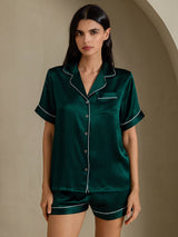 [Mörkgrön] SilkSilky-SE Short Sleeve Lapel Collar Dam Pyjama 001