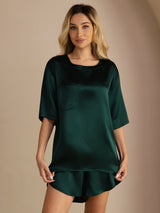 [Mörkgrön] SilkSilky-SE Short Sleeve Round Neck Dam Pyjama 006